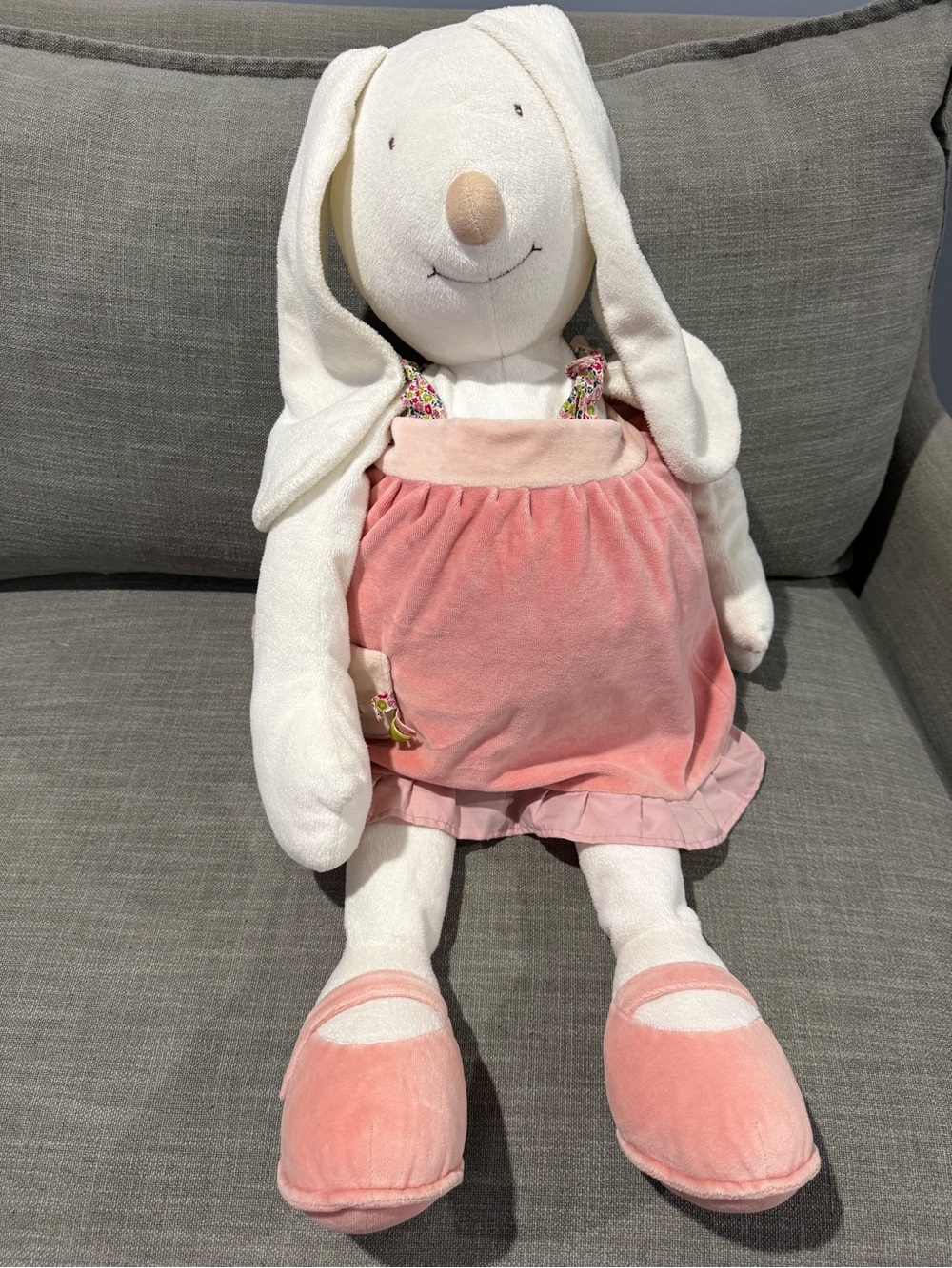 Moulin Roty 28 in Plush White Bunny in Pink Dress - Soft Huggable Stuffed Animal